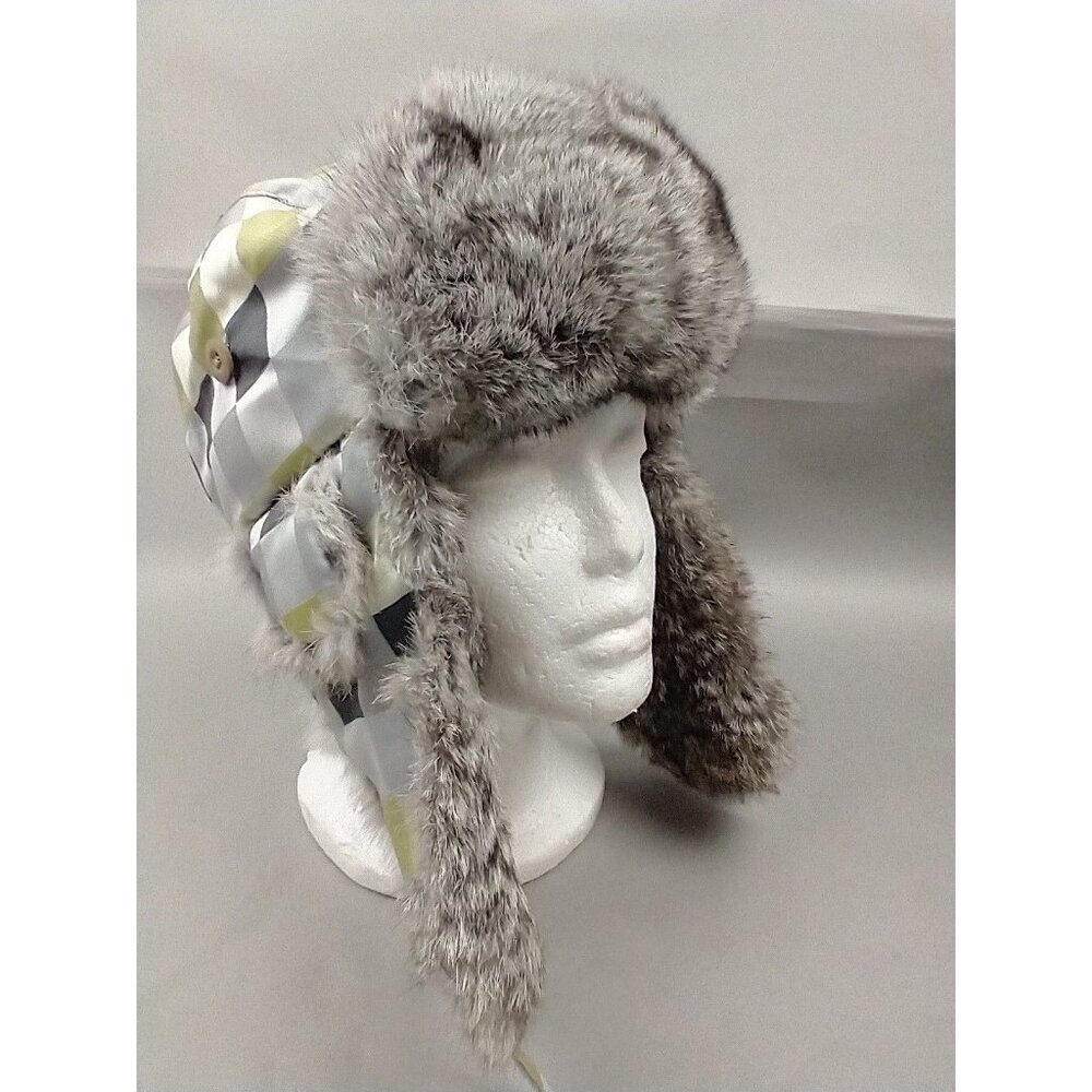 Chaos ski winter trapper hat ear flaps Green Gray quilt pattern Faux Fur‎